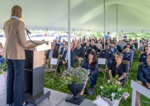 Congresswoman Lori Trahan addresses everyone at Veranova's Groundbreaking event
