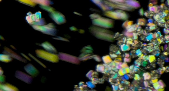 coloured crystals under a microscope
